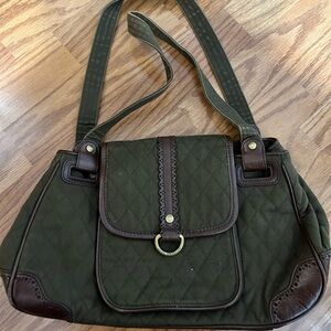 Vera Bradley Scalloped Olive Green and Brown Leather Trim Purse.